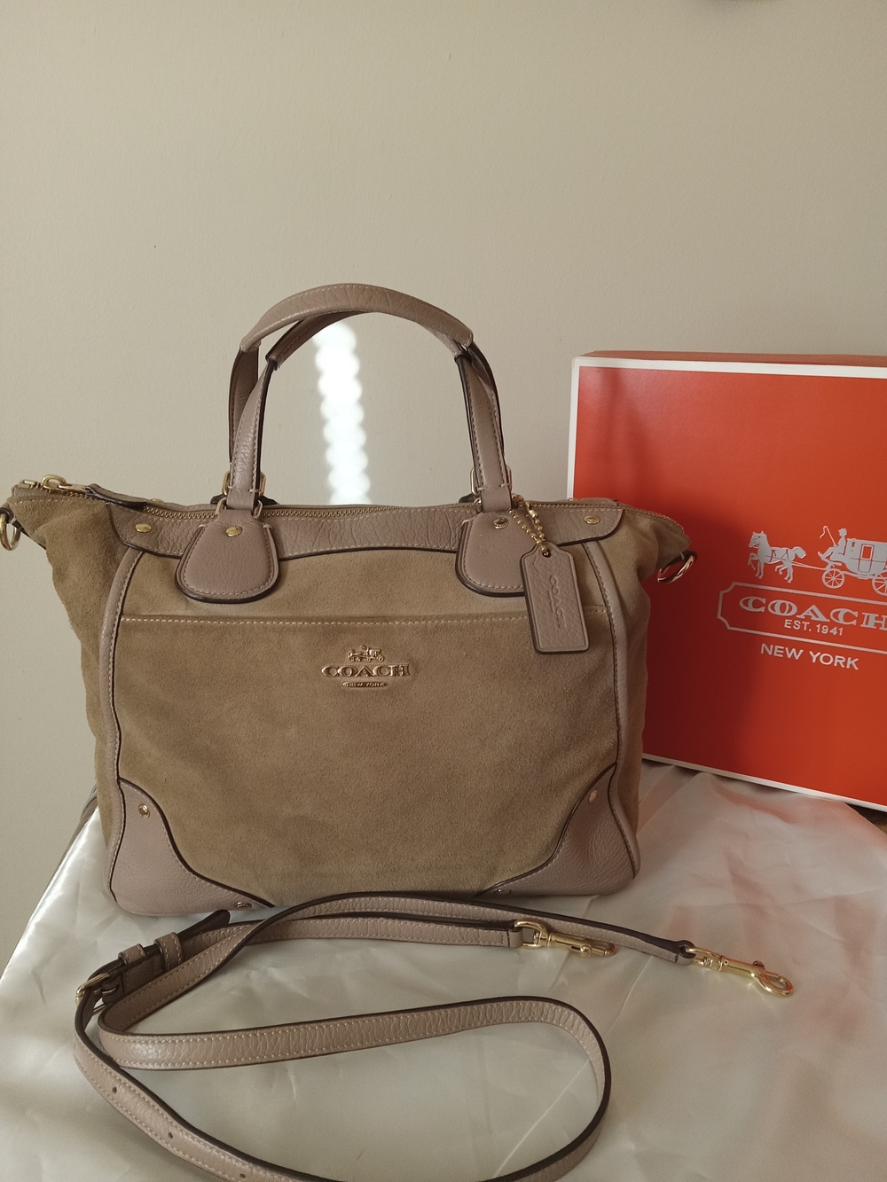 Coach Taupe Suede & Leather 2way Satchel with Removable Strap EUC - Picture 7 of 15